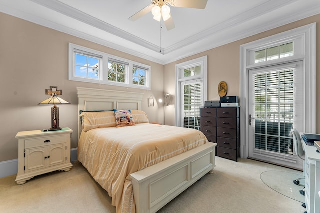 bedroom with ceiling fan, light carpet, ornamental molding, and access to outside