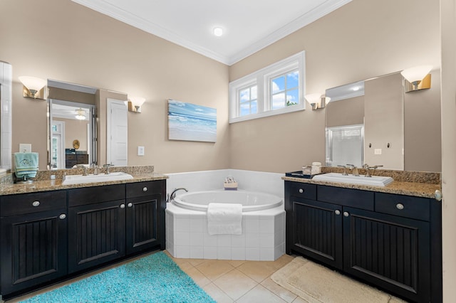 bathroom with vanity, a relaxing tiled tub, tile patterned flooring, and ornamental molding