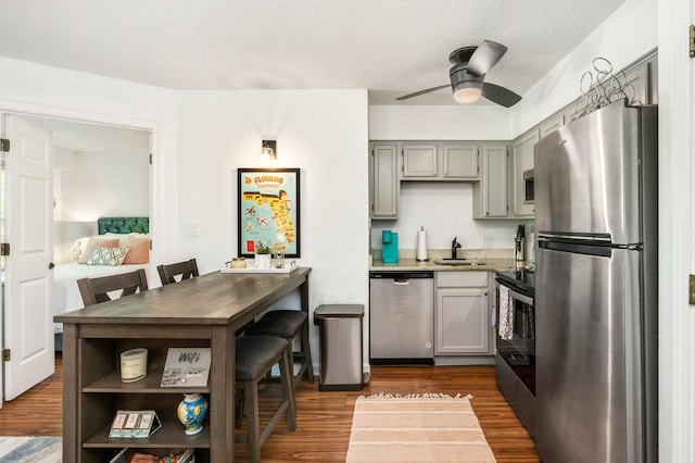 kitchen with ceiling fan, sink, stainless steel appliances, and dark hardwood / wood-style flooring