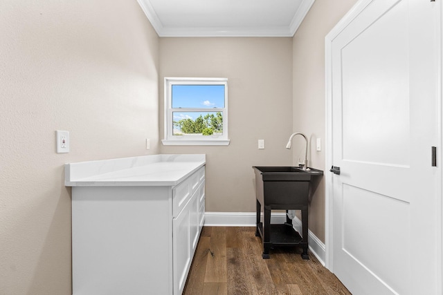 washroom with crown molding and dark hardwood / wood-style flooring