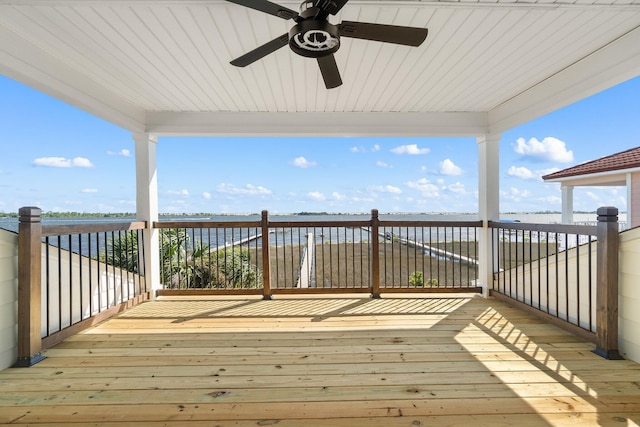 wooden terrace with ceiling fan and a water view