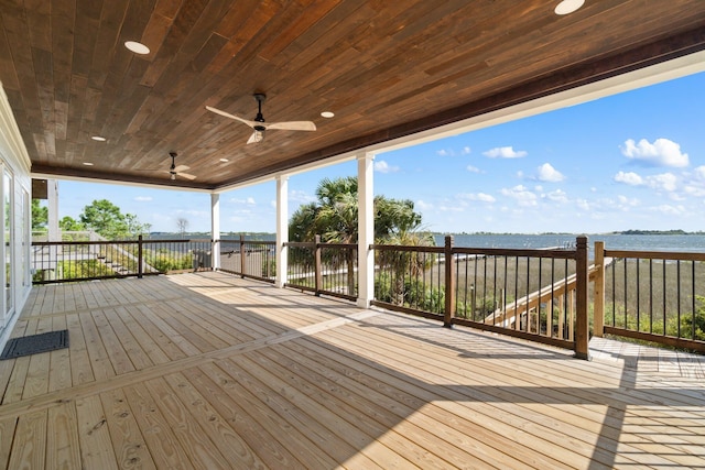 wooden terrace with ceiling fan and a water view