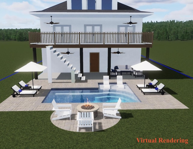 back of house with a fire pit, a patio area, a ceiling fan, stucco siding, and stairs