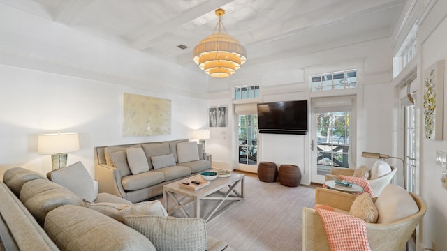 living room featuring french doors, light hardwood / wood-style floors, beam ceiling, and a notable chandelier