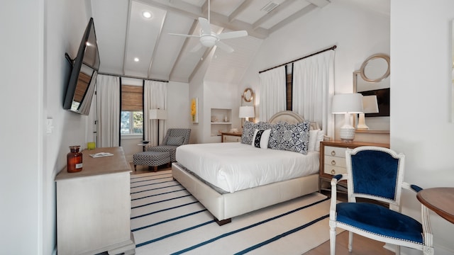 bedroom with high vaulted ceiling, beam ceiling, hardwood / wood-style flooring, and ceiling fan