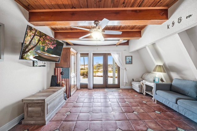 interior space featuring wood ceiling, beam ceiling, and ceiling fan