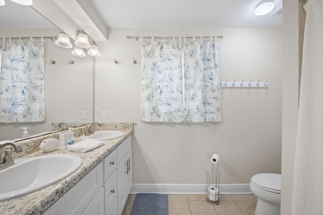 bathroom with tile patterned flooring, vanity, and toilet