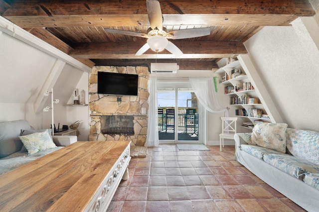 unfurnished living room with a fireplace, wooden ceiling, ceiling fan, vaulted ceiling with beams, and a wall mounted air conditioner