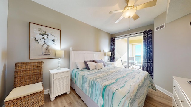 bedroom with ceiling fan, light hardwood / wood-style flooring, and access to outside