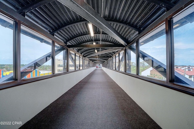 corridor with vaulted ceiling with beams, carpet floors, and a healthy amount of sunlight