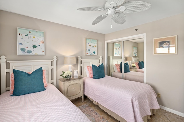bedroom featuring a closet, a ceiling fan, and baseboards