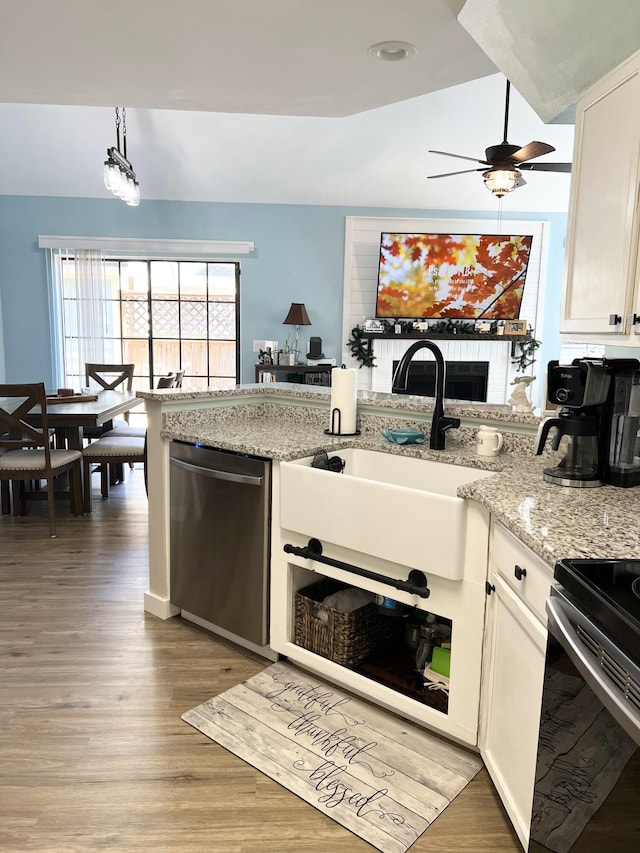 kitchen with ceiling fan, sink, white cabinetry, stainless steel appliances, and dark hardwood / wood-style flooring