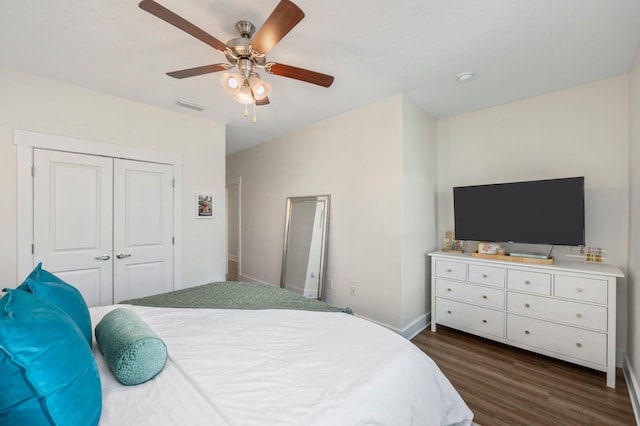 bedroom featuring ceiling fan, a closet, and dark hardwood / wood-style floors