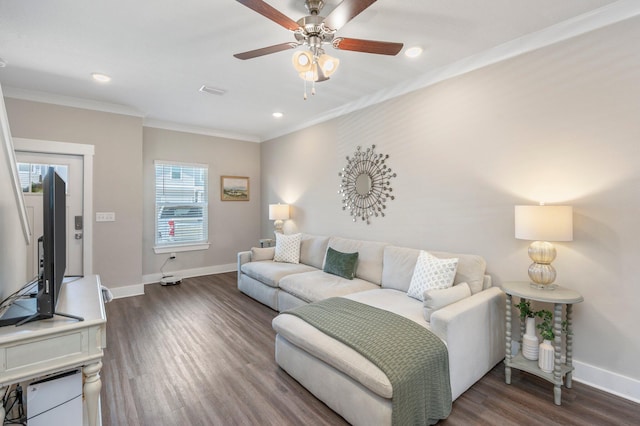 living room featuring crown molding, ceiling fan, and hardwood / wood-style flooring