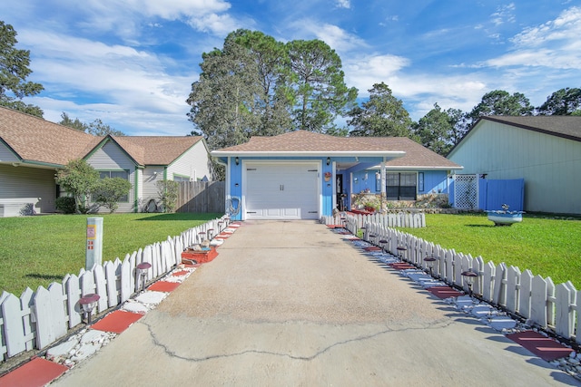 ranch-style home featuring a front yard and a garage