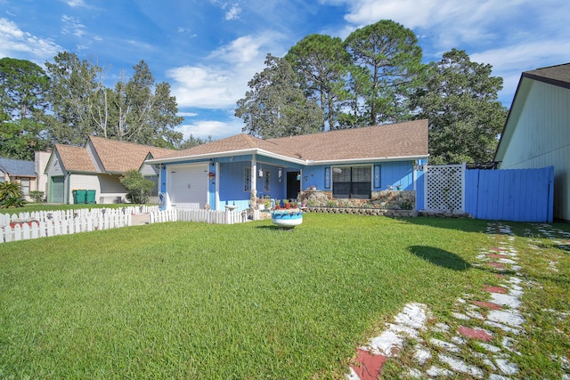 ranch-style house featuring a front yard and a garage