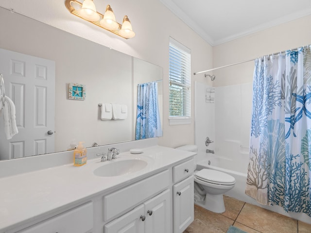 full bathroom with tile patterned floors, crown molding, shower / tub combo with curtain, vanity, and toilet