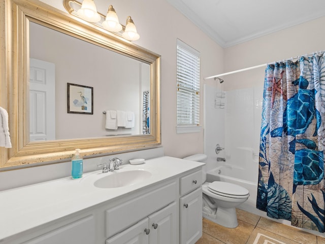 full bathroom with tile patterned flooring, ornamental molding, shower / tub combo with curtain, vanity, and toilet