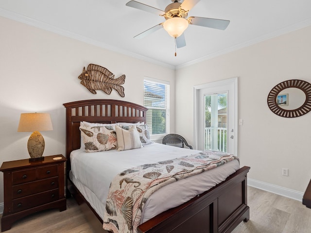 bedroom with light hardwood / wood-style flooring, ornamental molding, ceiling fan, and access to outside