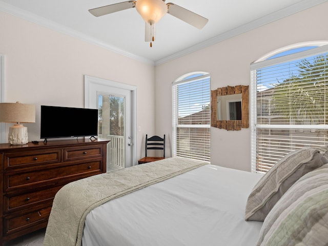 bedroom with multiple windows, crown molding, ceiling fan, and access to exterior