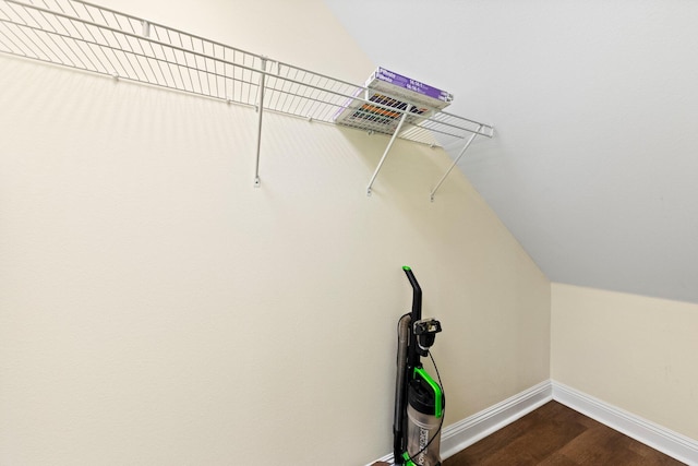 walk in closet featuring wood-type flooring and vaulted ceiling