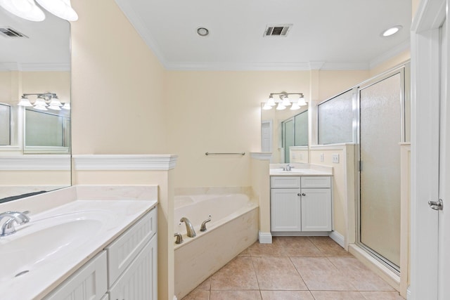 bathroom featuring ornamental molding, tile patterned flooring, vanity, and plus walk in shower