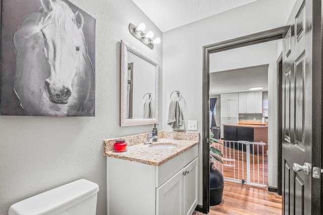 bathroom featuring wood-type flooring, vanity, and toilet