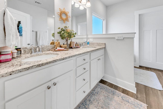 bathroom with vanity and wood-type flooring