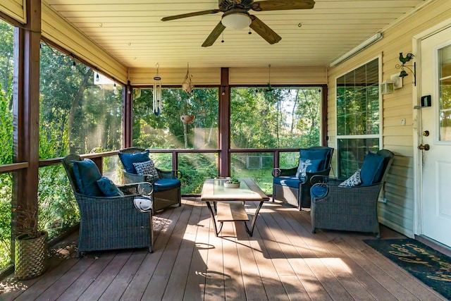 sunroom / solarium with ceiling fan