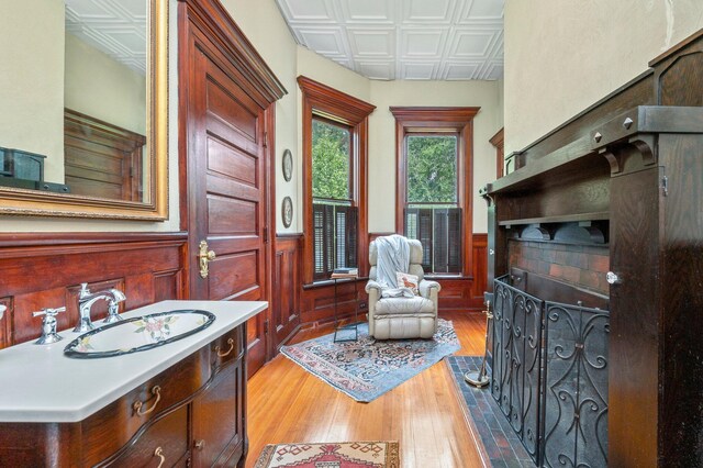 bathroom with hardwood / wood-style floors and vanity