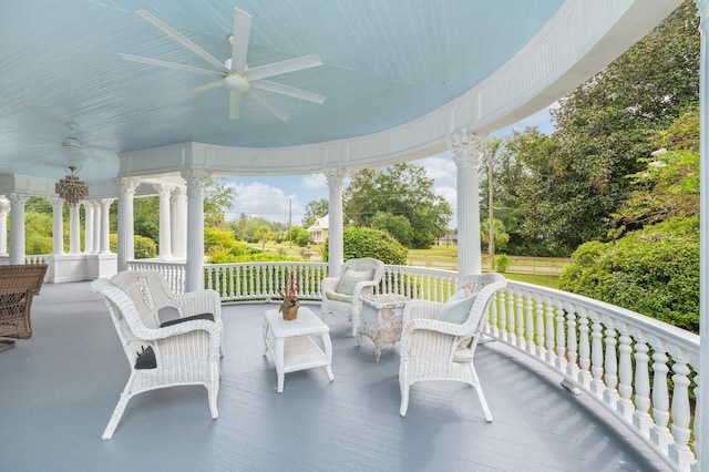 view of patio featuring ceiling fan