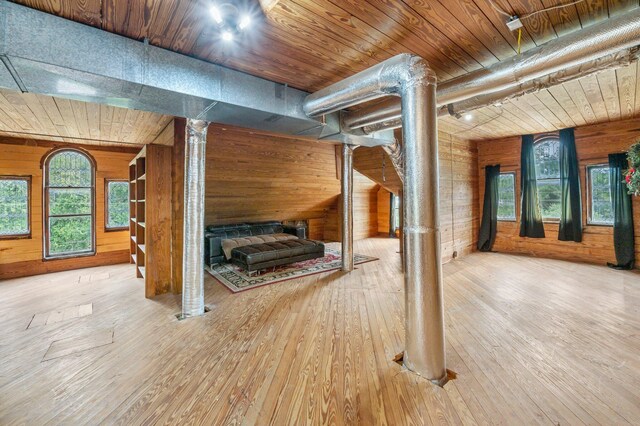 unfurnished living room featuring wood ceiling, wood walls, hardwood / wood-style floors, and a healthy amount of sunlight