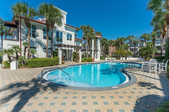 view of pool with a pergola and a patio area