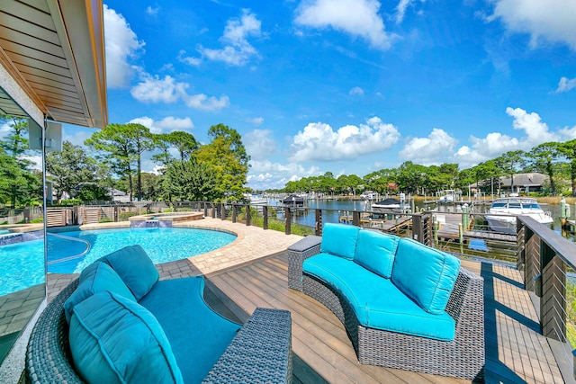 view of pool featuring a water view and an outdoor hangout area