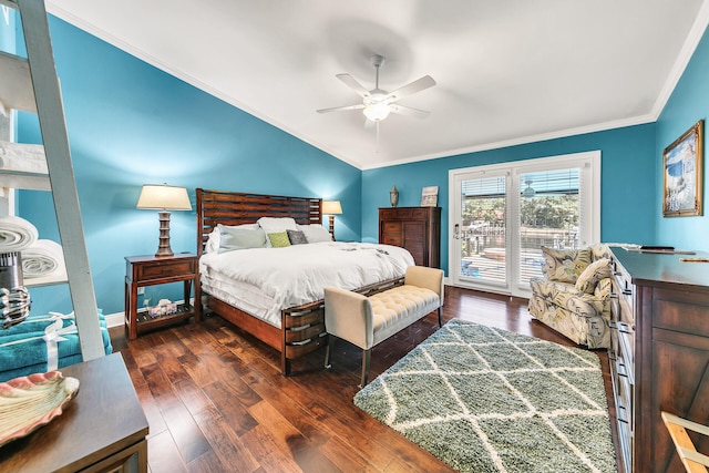 bedroom with ceiling fan, ornamental molding, dark wood-type flooring, and access to outside