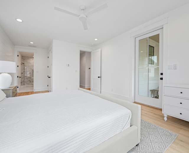 bedroom with light hardwood / wood-style flooring, ensuite bath, ceiling fan, and access to exterior