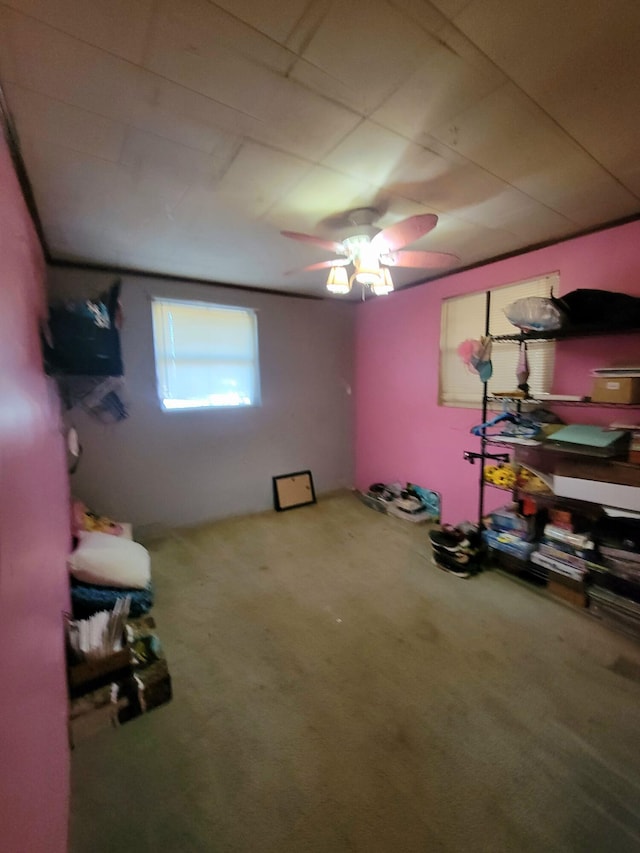 interior space featuring carpet floors and ceiling fan