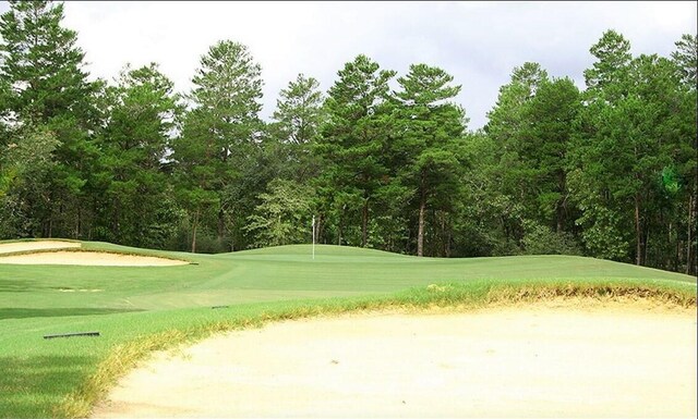 view of community featuring view of golf course and a yard