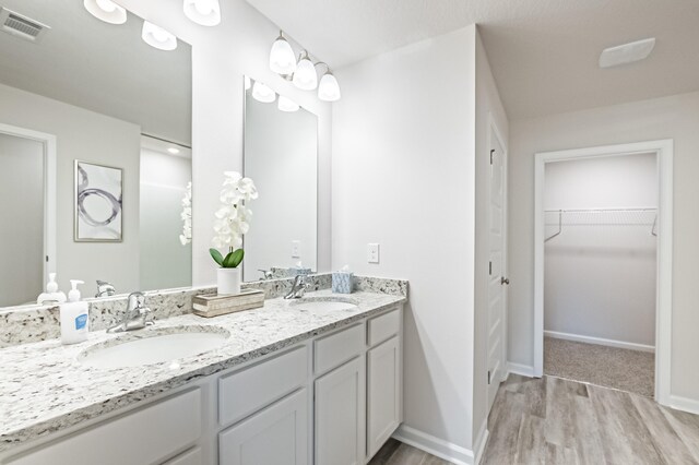 full bath featuring a sink, double vanity, a walk in closet, and visible vents