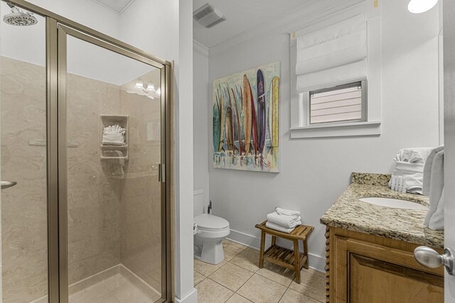 full bathroom featuring visible vents, toilet, tile patterned flooring, crown molding, and vanity