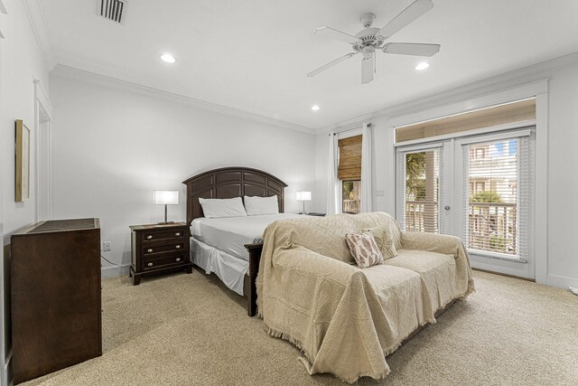 bedroom featuring access to exterior, recessed lighting, visible vents, ornamental molding, and light carpet