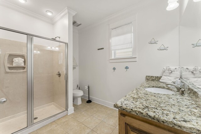 bathroom featuring a stall shower, tile patterned flooring, visible vents, and crown molding