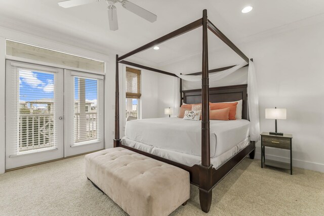 carpeted bedroom with recessed lighting, baseboards, access to exterior, french doors, and ornamental molding