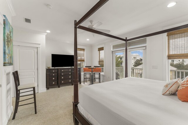 carpeted bedroom with crown molding, recessed lighting, visible vents, ceiling fan, and access to outside