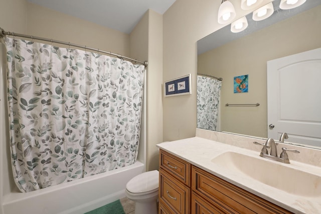 full bathroom with shower / bath combo, tile patterned flooring, vanity, and toilet