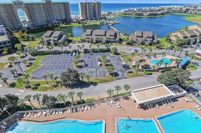 drone / aerial view featuring a water view