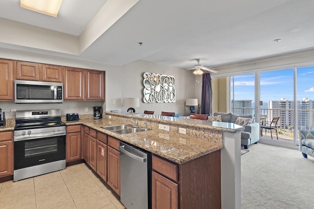 kitchen with kitchen peninsula, appliances with stainless steel finishes, sink, and light carpet