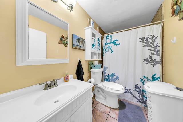 bathroom featuring tile patterned flooring, vanity, toilet, and walk in shower