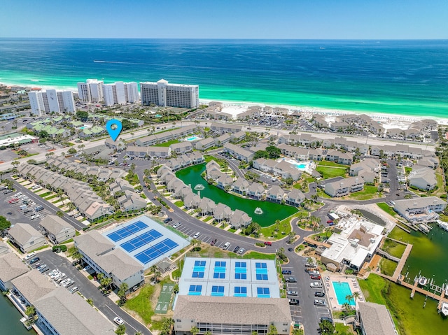 bird's eye view with a water view