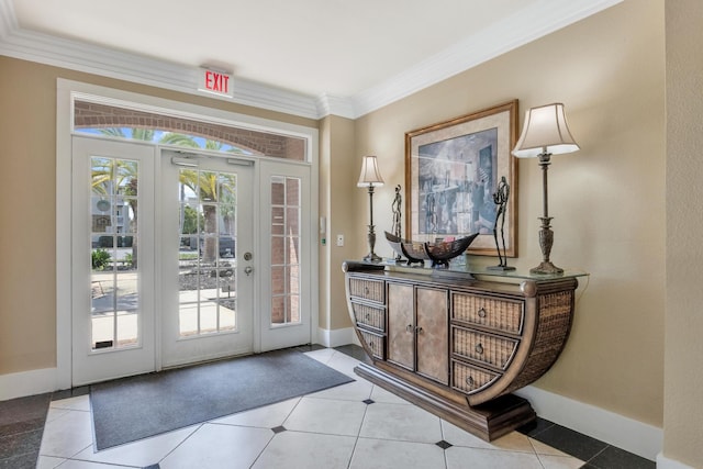 doorway with ornamental molding and light tile patterned floors